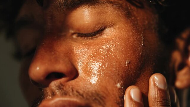 Close-up portrait of man applying facial skincare product with visible skin texture. Male grooming, self care, wellness and cosmetic treatment advertising use.