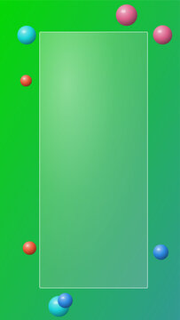 A bright green background featuring a central rectangular frame surrounded by floating colorful spheres for modern graphic design and digital presentation templates