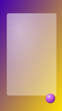 A vertical frosted glass rectangle overlay floating on a vibrant purple and yellow gradient background with a single purple sphere in corner
