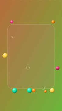 Abstract background with a central rectangular glass frame and colorful floating spheres on a soft gradient green and orange backdrop for design
