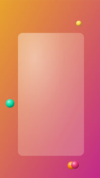 Abstract background featuring a vertical frosted glass rectangle with soft colorful spheres floating on a vibrant orange and pink gradient backdrop design