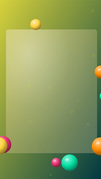 Abstract background featuring a central frosted glass rectangle surrounded by colorful floating spheres on a soft green gradient surface for modern design