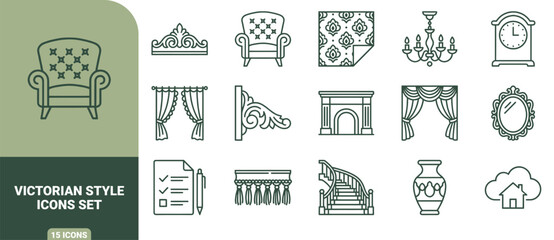 Set of fifteen green outline icons representing victorian style interior furniture, and decor © Gra-fix PNG
