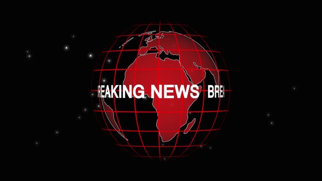 Red globe with world map and breaking news text on a dark background, symbolizing global media, urgent reports, live updates and international broadcast coverage.