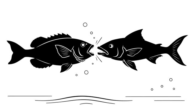 Two black silhouette fish fighting or arguing underwater with open mouths and bubbles rising