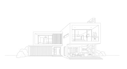 Obraz premium Modern residential home architectural sketch with interior view