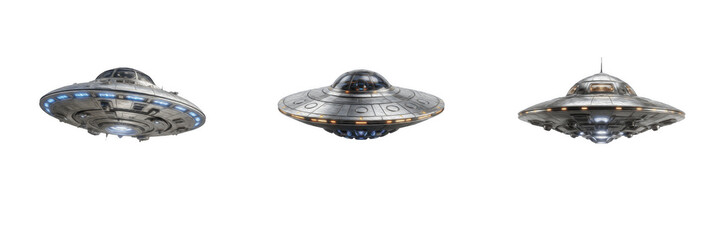 Set of metallic flying saucers and UFO spacecraft isolated on transparent background, futuristic alien spaceship graphics and glowing interstellar vessel elements, sci-fi vector illustration design co © Soor