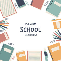 Fototapeta premium Flat lay frame of modern school supplies and stationery for creative student works vector illustration background template