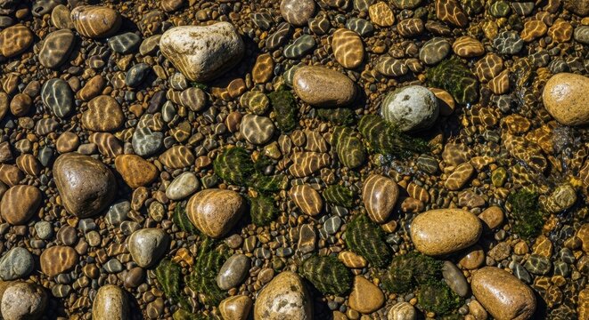 Wet colorful river stones and green moss on the shore illustration