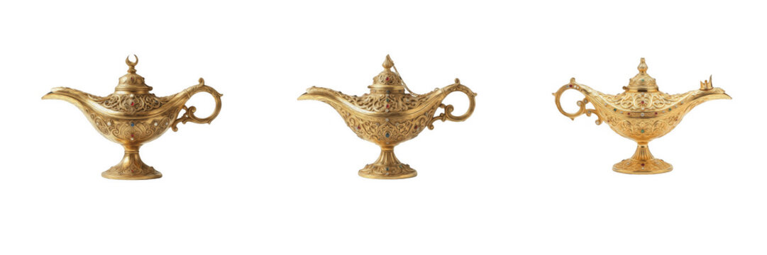 Set of golden magic lamps and vintage Aladdin oil lamps isolated on transparent background, ornate metallic genie lamp graphics and fairytale treasure elements, antique lamp vector illustration design
