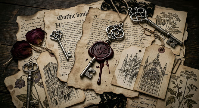 Vintage gothic flat lay with old manuscript pages, ornate skeleton keys, bat wax seal, and dried roses