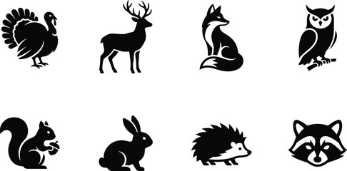 Obraz premium Thanksgiving autumn woodland animals icon set. wild turkey bird, horned deer buck, sitting fox silhouette, owl perched on branch, squirrel holding acorn, sitting rabbit bunny, hedgehog, raccoon face h