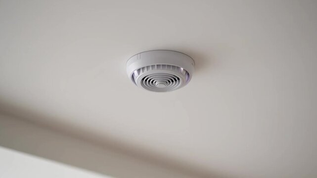 Modern white smoke detector and fire alarm installed on a residential ceiling