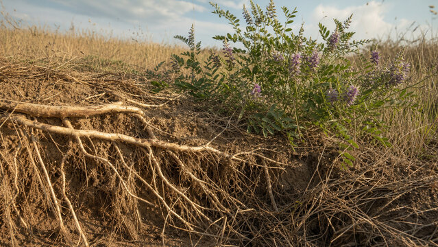 Licorice Plant Flowering Above Naturally Exposed Root Network