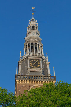 Bell Tower at Reformed Protestant Church Spring Day Travel in Amsterdam Netherlands Close up