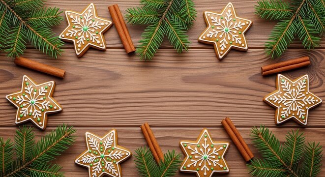Christmas star cookies with pine branches and cinnamon on wood background illustration