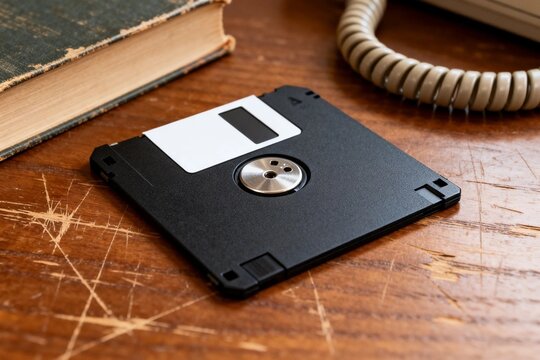 Vintage floppy disk on wooden desk