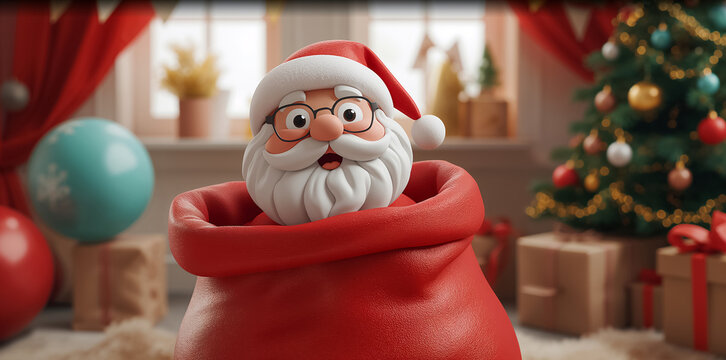 Funny cartoon Santa Claus with a gift bag in the room