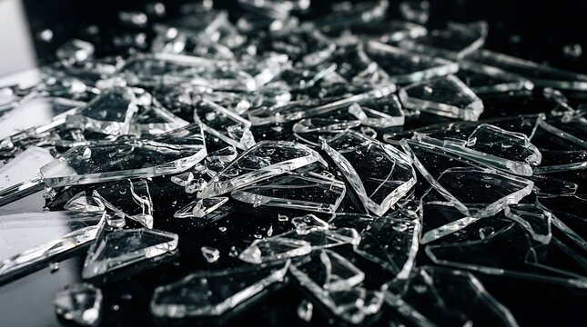 Broken glass shards on dark surface. Close-up of shattered mirror pieces.