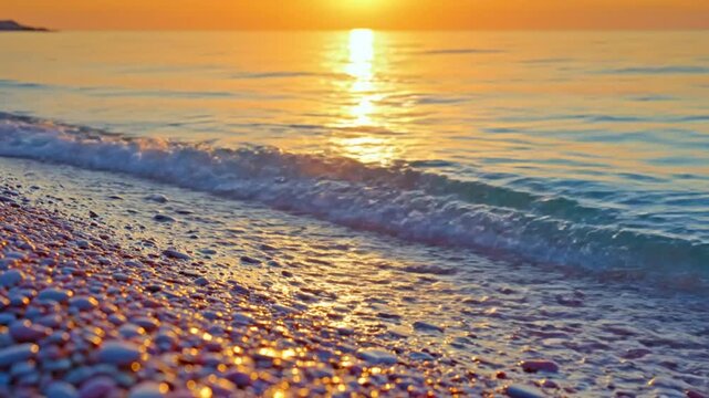 Tranquil beach scene at sunset with waves gently lapping onto the shoreline reflecting golden sunlight