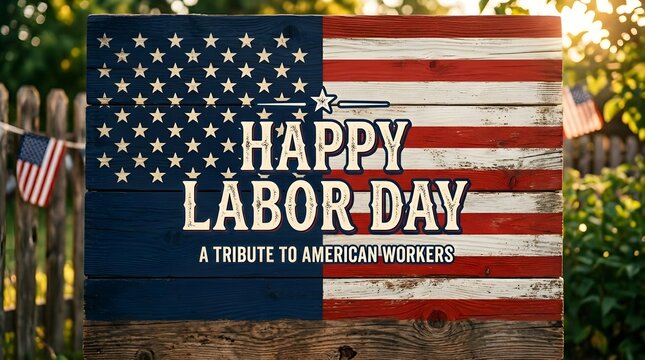 Happy Labor Day wooden sign. American flag tribute to workers on rustic outdoor background.