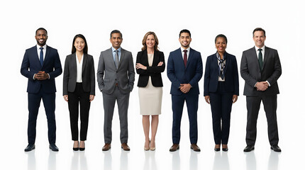Fototapeta premium Diverse group of seven business professionals standing in a line against white background people women