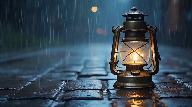 Vintage lantern on wet cobblestone path in rain