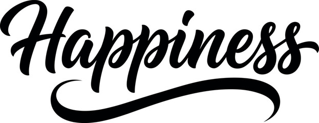 Elegant black ink brush script typography design featuring the word happiness isolated on a clean white background for projects © Ammbia