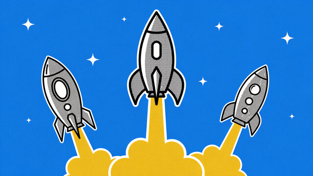 Graphic illustration of three rocket ships taking off against blue starry sky