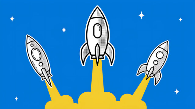 Three stylized rockets blasting off into space on a blue background