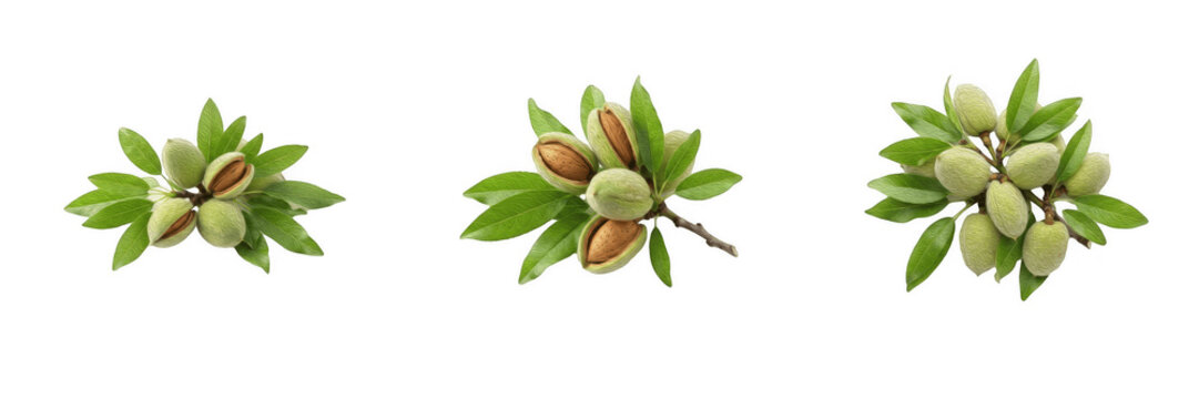 Set of fresh green unripe almonds on branches with leaves isolated on transparent background, organic nut tree foliage graphics and natural fruit elements, raw almond vector illustration design collec
