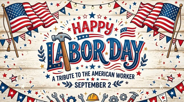 Happy Labor Day greeting card design. American worker tribute with flags and tools.