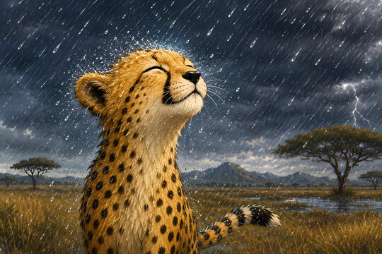 cheetah in the savannah on a rainy day