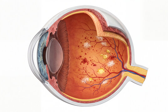 Medical illustration of diabetic retinopathy showing retinal hemorrhages, exudates and vascular abnormalities in a realistic eye cross section.