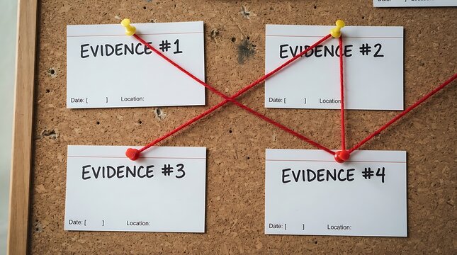 Evidence tags pinned on corkboard for investigation. Crime scene documentation with labeled evidence notes.