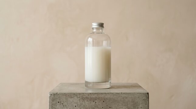 Liquid laundry starch in glass bottle standing on concrete block. Natural cleaning product for garment stiffening and care. Eco friendly fabric treatment for ironing clothes at home.