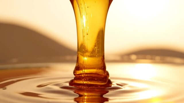 Golden Syrup Pouring in Macro Photography Creates Beautiful Ripples and Abstract Fluid Movement