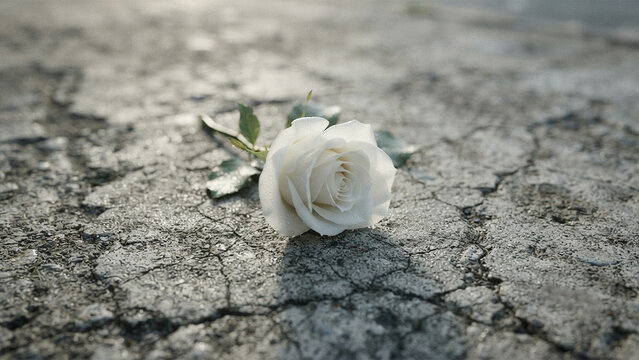 Single white rose flower lying on cracked grey concrete ground