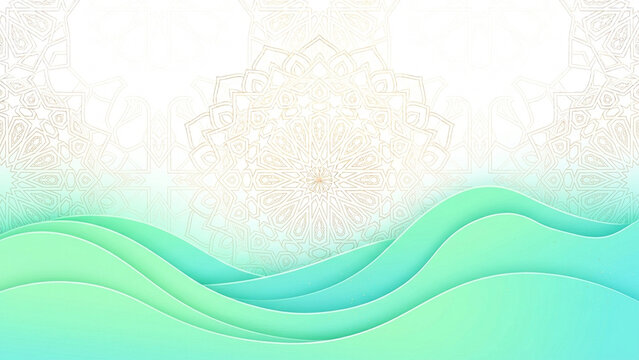 Teal wave paper cut background with gold mandala pattern for spiritual and elegant graphic design projects