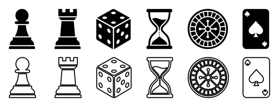 Classic game icon set including chess pieces, dice, hourglasses, roulette wheels, and playing cards. Vector illustrations of board game and casino game elements in flat style, isolated symbols for