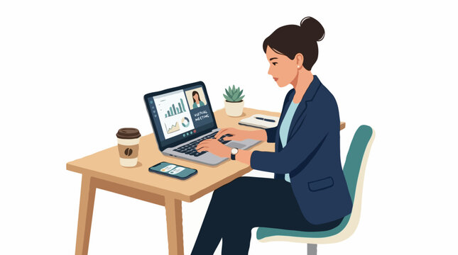 A woman working on her laptop at a desk, with a cup of coffee and a smartphone nearby. The laptop screen shows a video call with charts and graphs, indicating a business meeting or presentation