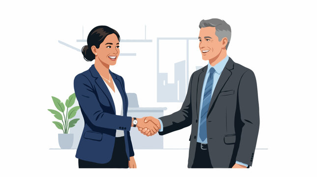 Two professionals, a man and a woman, shake hands in an office setting, symbolizing a successful business deal or partnership