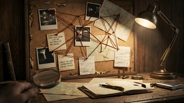 Mysterious Detective Evidence Board with Red String and Vintage Lamp