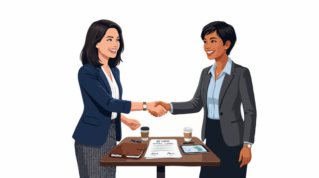Two women in business attire shaking hands across a table with documents and coffee cups. The image depicts a successful business deal or partnership