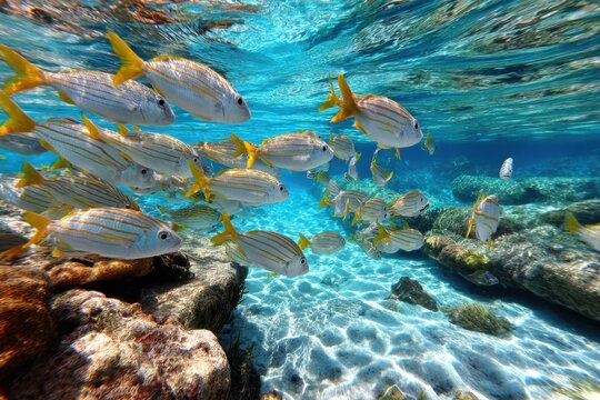 School of Yellowfin Mojarra Fish Swimming in Clear Blue Water