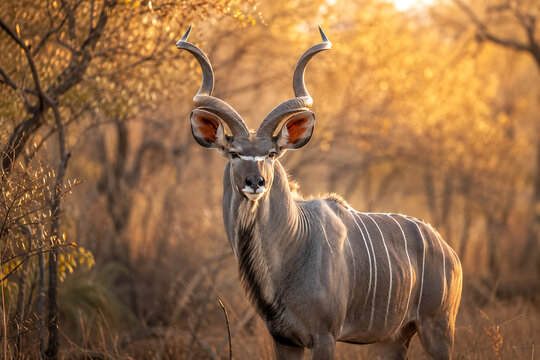 Greater Kudu Antelope with Spiraled Horns in Savanna