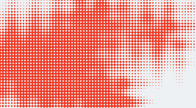 Red halftone dot pattern on a white background displaying a gradual fade and density variation dots gradient abstract