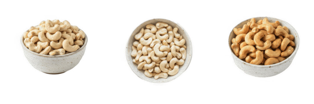 Set of ceramic bowls filled with cashew nuts isolated on transparent background, raw and roasted cashews in small white dish graphics, healthy snack food elements and dry fruits vector illustration de