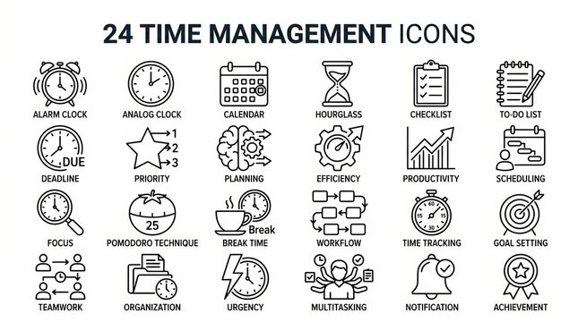 Collection of twenty four black and white time management and productivity icons.