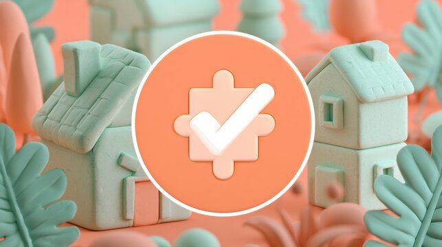 Soft clay pieces form house modules that connect like a puzzle in a mint-coral setting. A perfect fit icon shows how they come together.